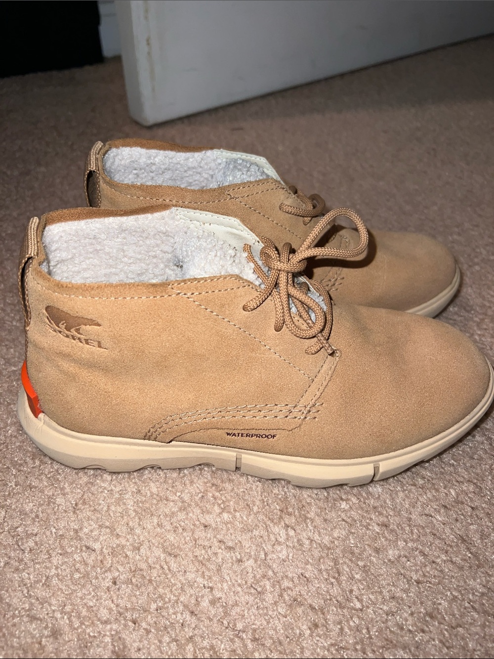 Sorel Tan Suede Lace-Up Ankle Booties with White Sherpa Collar